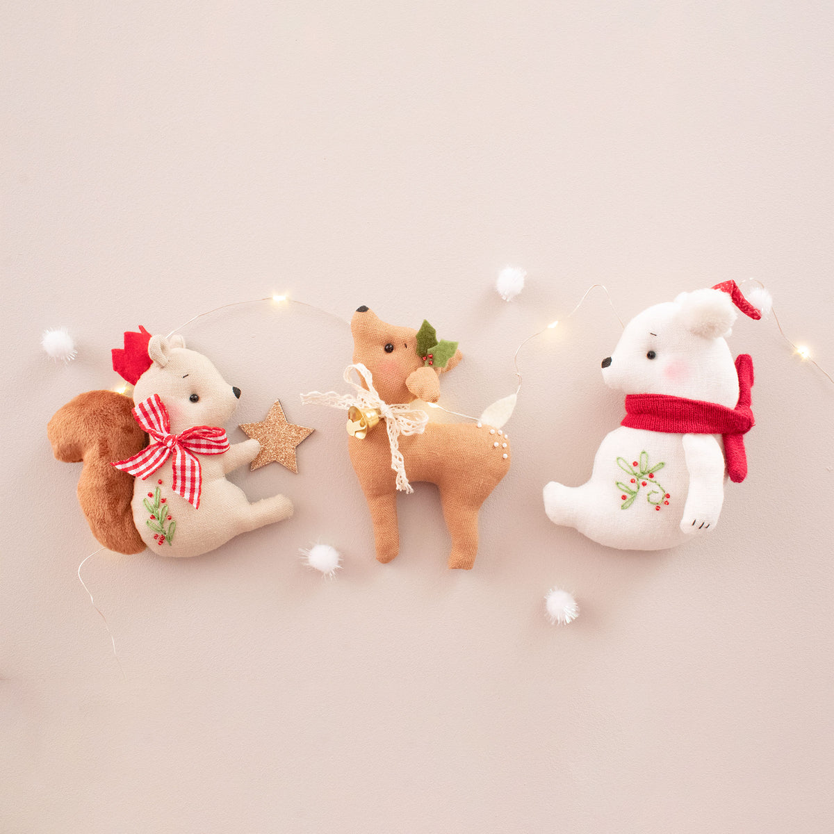 Red woodland Christmas ornaments in organic linen – polar bear, snowman, gingerbread, baby deer and squirrel