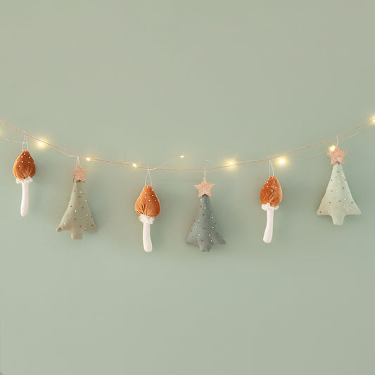Mushroom Christmas garland with brown mushrooms, green trees and micro-LED lights