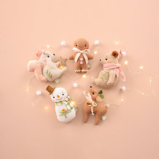 Woodland Christmas ornaments in peach – grizzly bear, snowman, gingerman, baby deer and squirrel