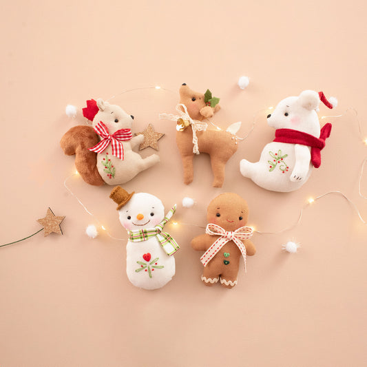 Woodland Christmas ornaments in red – polar bear, snowman, gingerbread, baby deer and squirrel