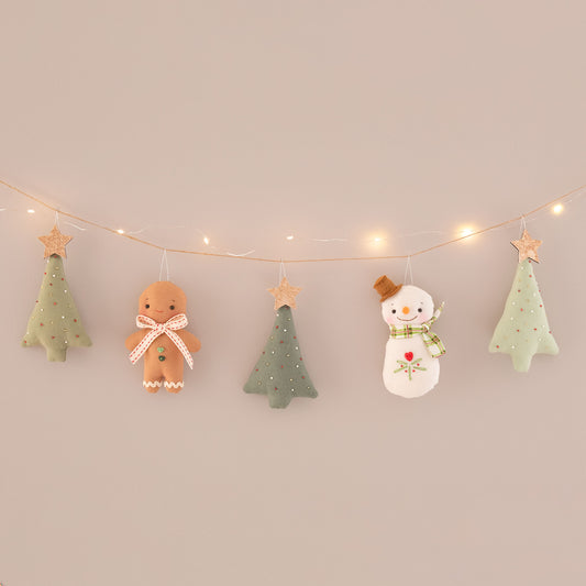 Snowman and gingerbread Christmas garland with LED lights