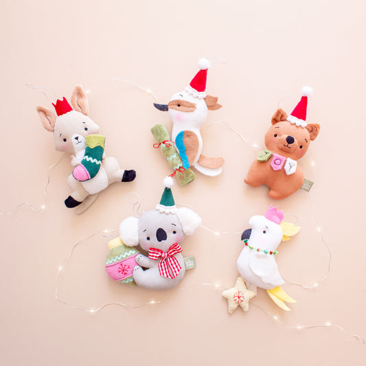 Australian animal Christmas ornaments – koala, kangaroo, cockatoo, kookaburra and wombat